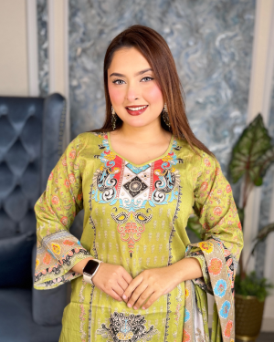 কোড:R14K-আনস্টিচ প্রিমিয়াম কটন সুতি থ্রি-পিস-Olive Green কালার